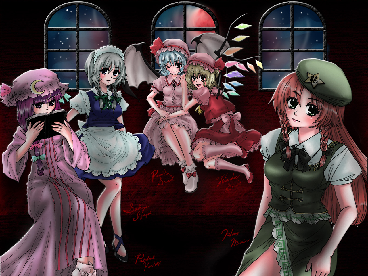 yuu (hi lite), flandre scarlet, hong meiling, izayoi sakuya, patchouli knowledge, remilia scarlet, embodiment of scarlet devil, touhou, 5girls, bat wings, blonde hair, blue hair, book, braid, china dress, chinese clothes, dress, female focus, green eyes, grey eyes, hair ribbon, hat, long hair, maid, mob cap, moon, multiple girls, one eye closed, purple eyes, purple hair, red eyes, red hair, red moon, ribbon, short hair, twin braids, white hair, wings, wink