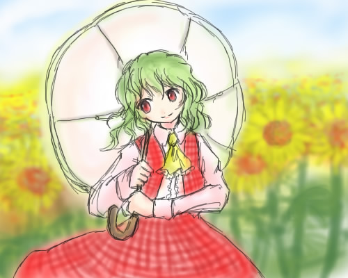 gagawa ichi, kazami yuuka, touhou, looking away, bad id, bad pixiv id, lowres, 1girl, ascot, female focus, field, flower, flower field, green hair, head tilt, nature, parasol, plaid clothes, plaid skirt, plaid vest, red eyes, short hair, skirt, skirt set, smile, solo, sunflower, sunflower field, umbrella, vest