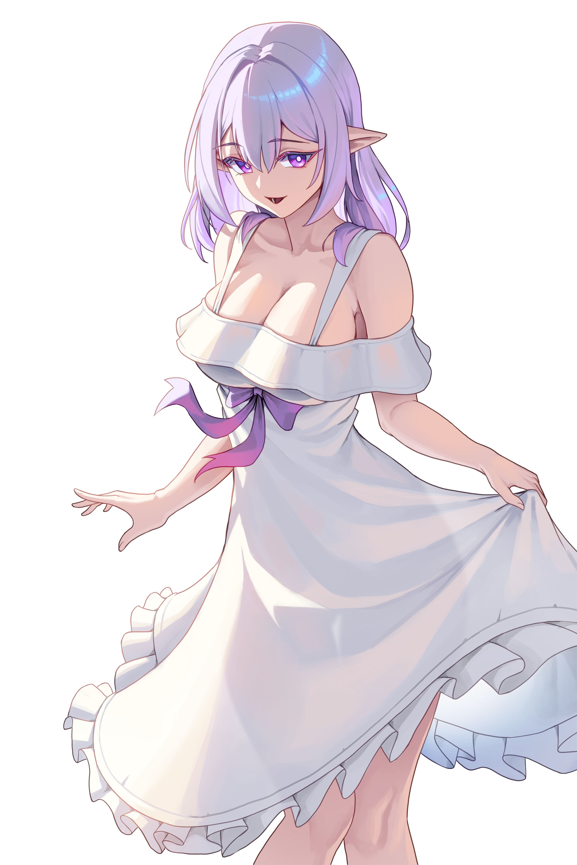 bowlp, castorice (honkai: star rail), honkai: star rail, honkai (series), absurdres, commentary, highres, 1girl, alternate costume, bare shoulders, breasts, cleavage, collarbone, dress, hair between eyes, large breasts, long hair, looking at viewer, parted lips, pointy ears, purple eyes, purple hair, simple background, skirt hold, sleeveless, sleeveless dress, solo, white background, white dress
