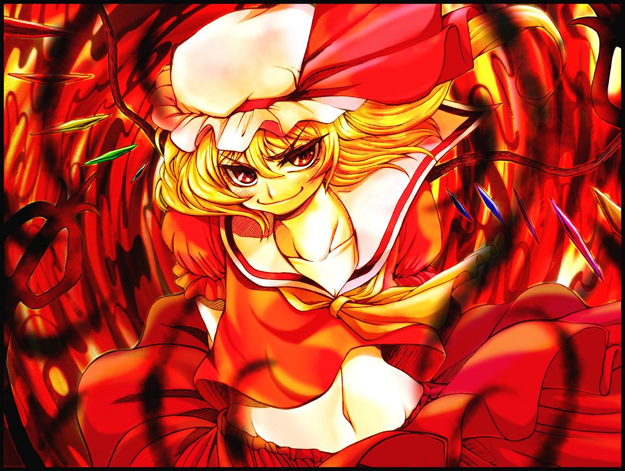 uousa-ou, wannyaa, flandre scarlet, touhou, artist collaboration, bad id, bad pixiv id, 1girl, blonde hair, blush, female focus, hat, midriff, mob cap, navel, red eyes, ribbon, solo, wings