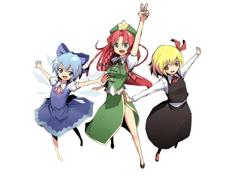 kasuga ayumu (artist), kasuga ayumu (haruhipo), cirno, hong meiling, rumia, embodiment of scarlet devil, touhou, bad id, bad pixiv id, 3girls, blonde hair, blue eyes, blue hair, braid, china dress, chinese clothes, dress, female focus, green eyes, hair ribbon, hat, long hair, multiple girls, outstretched arms, red eyes, red hair, ribbon, short hair, spread arms, v, wings