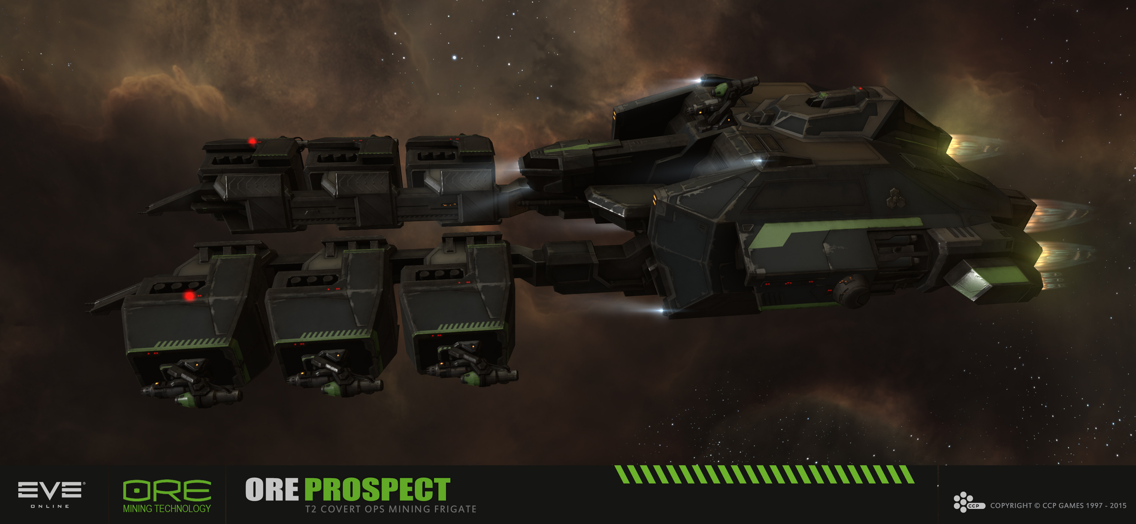 eve online, absurdres, commentary, english commentary, highres, maya (medium), official art, photoshop (medium), 3d, advanced ship (eve online), brown background, cloud, company logo, company name, copyright logo, copyright name, covert ops (eve online), dated, english text, exploration ship (eve online), flying, frigate (eve online), glowing, harvesting ship (eve online), logo, mining frigate (eve online), no humans, outdoors, outer ring excavations (eve online), realistic, science fiction, space, spacecraft, spacecraft turret, star (sky), starry sky background, tech 2 ship (eve online), thrusters, vehicle focus, vehicle name, ymir jonsson