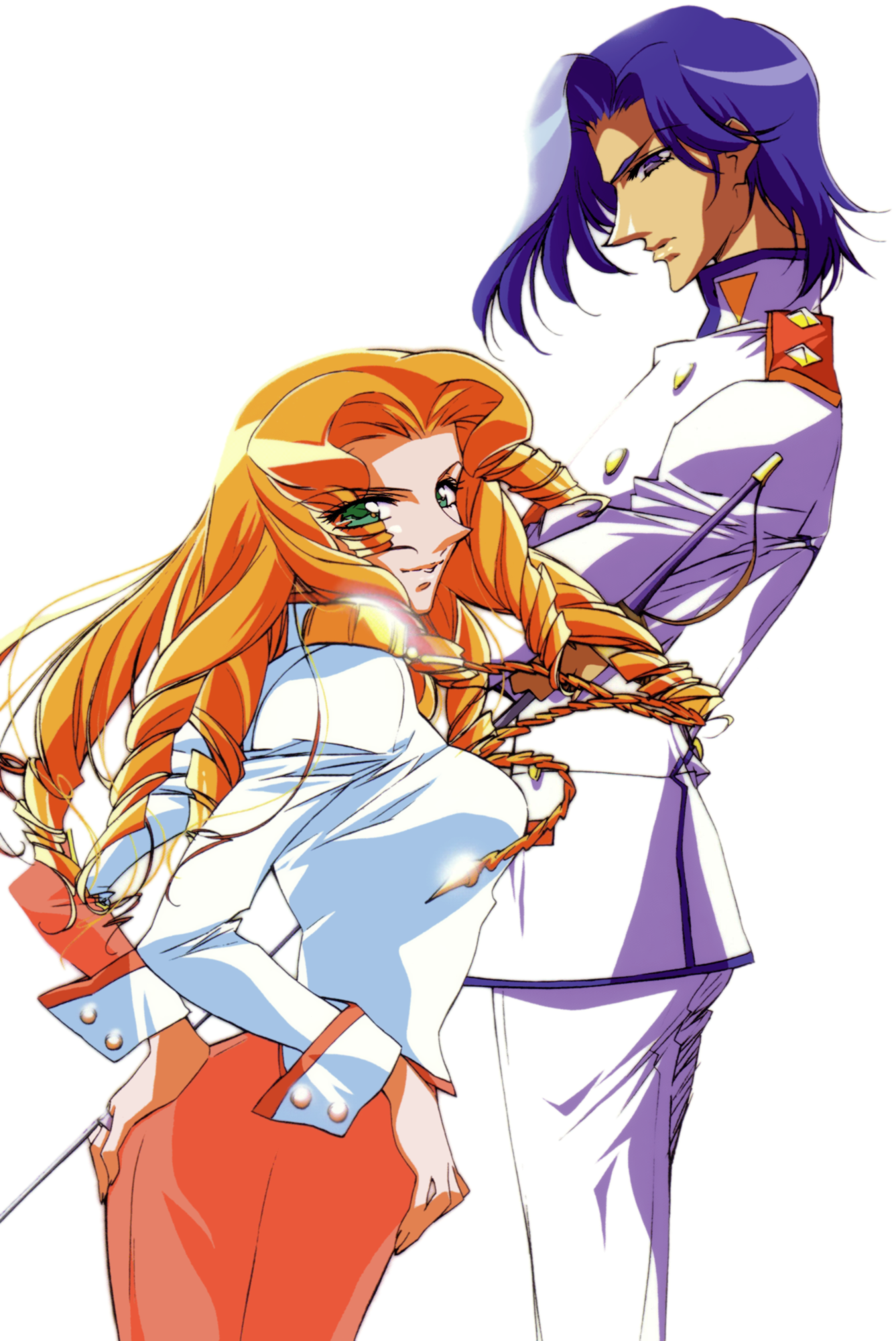 arisugawa juri, tsuchiya ruka, shoujo kakumei utena, highres, official art, 1990s (style), 1boy, 1girl, aiguillette, retro artstyle, white background