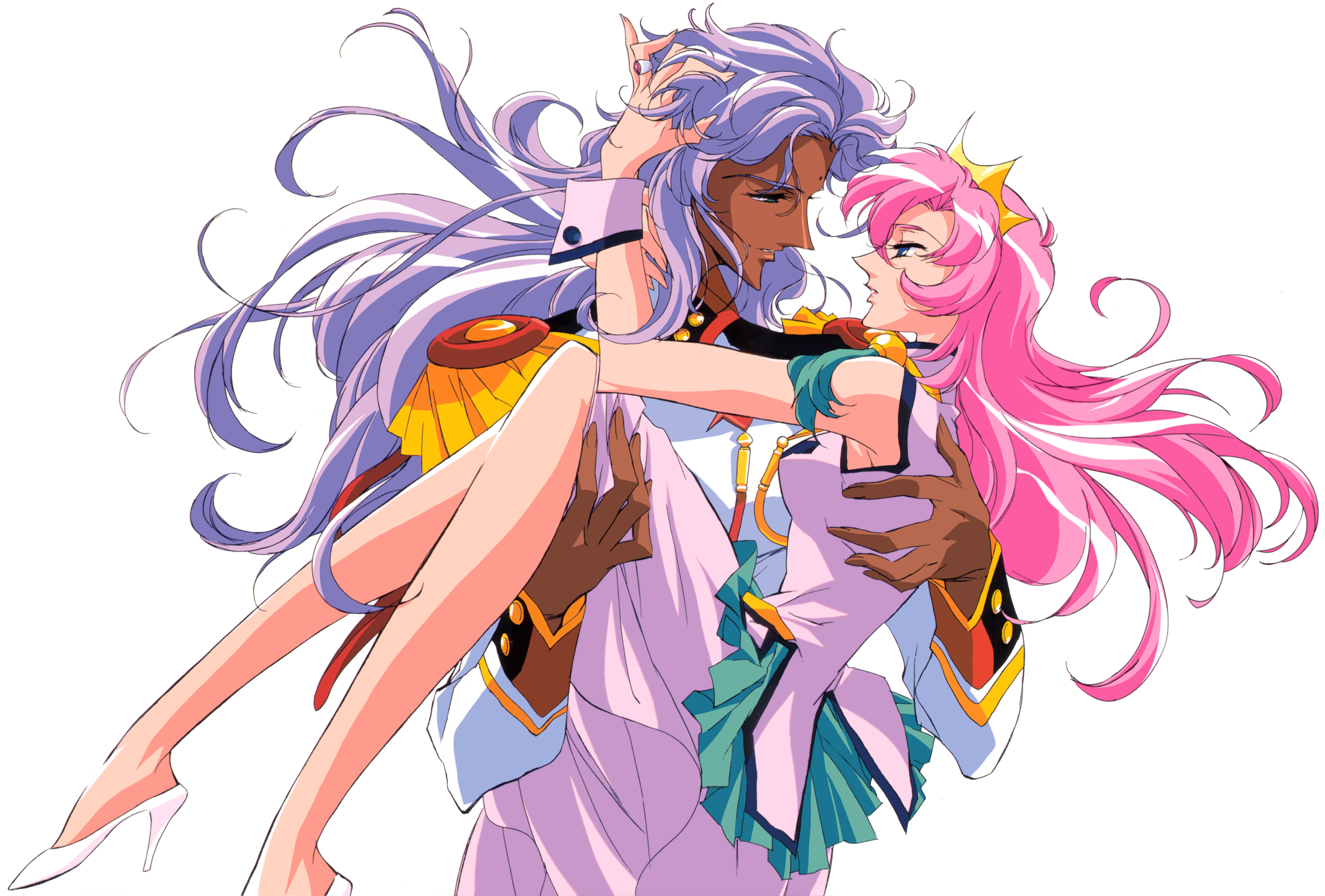 ootori akio, tenjou utena, shoujo kakumei utena, highres, official art, 1990s (style), 1boy, 1girl, aiguillette, blue eyes, carrying, cuffs, jewelry, long hair, pink hair, prince, princess, princess carry, retro artstyle, ring, white background, wrist cuffs