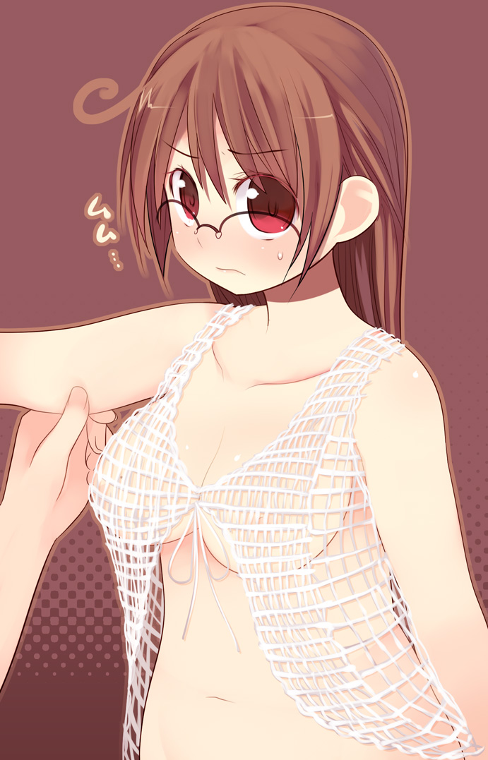 kashiwamochi yomogi, arima senne, original, 1girl, ahoge, blush, breasts, brown hair, female focus, fishnet top, fishnets, glasses, large breasts, lingerie, long hair, negligee, nipples, open clothes, open shirt, pinching, red eyes, shirt, solo, underwear
