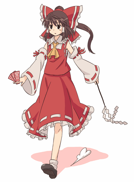 kannari, hakurei reimu, touhou, 1girl, brown hair, detached sleeves, female focus, full body, gohei, japanese clothes, miko, ofuda, ponytail, short hair, simple background, solo, walking