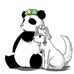 tajima yuuki, hong meiling, hong meiling (panda), izayoi sakuya, touhou, lowres, 2girls, animalization, braid, dog, female focus, hat, multiple girls, no humans, panda