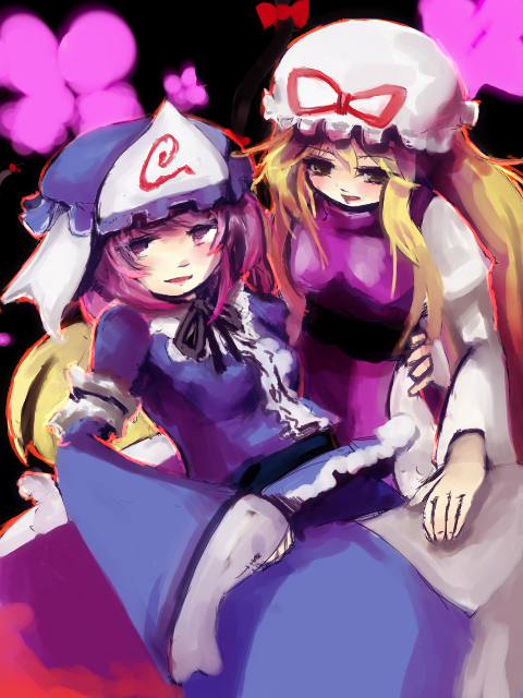 luft (luft dokka), saigyouji yuyuko, yakumo yukari, touhou, 2girls, blonde hair, female focus, hat, mob cap, multiple girls, purple hair