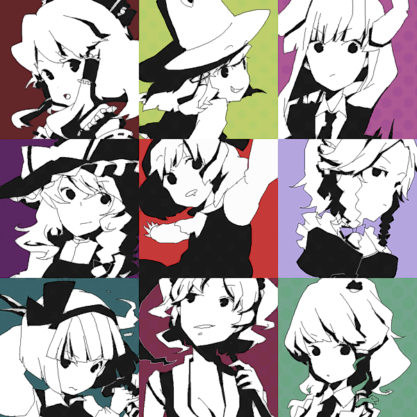 yukizen, hakurei reimu, izayoi sakuya, kirisame marisa, kochiya sanae, konpaku youmu, konpaku youmu (ghost), moriya suwako, onozuka komachi, reisen udongein inaba, rumia, touhou, warhol, 6+girls, animal ears, female focus, fine art parody, hat, monochrome, multiple girls, parody, rabbit ears, spot color