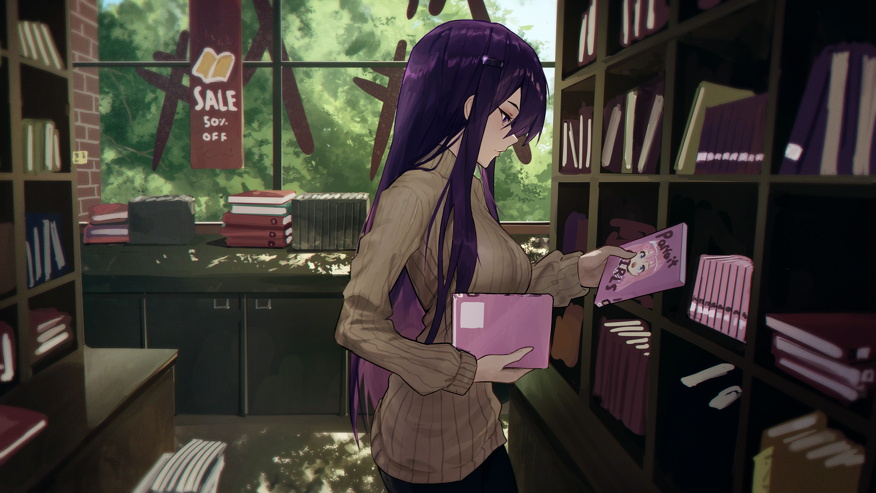 vyva, yuri (doki doki literature club), doki doki literature club, 1girl, book, bookshelf, english text, eyelashes, hair ornament, hairclip, holding, holding book, indoors, japanese text, leaves, long hair, looking at object, official alternate costume, pants, purple eyes, purple hair, sweater, tree, very long hair, window