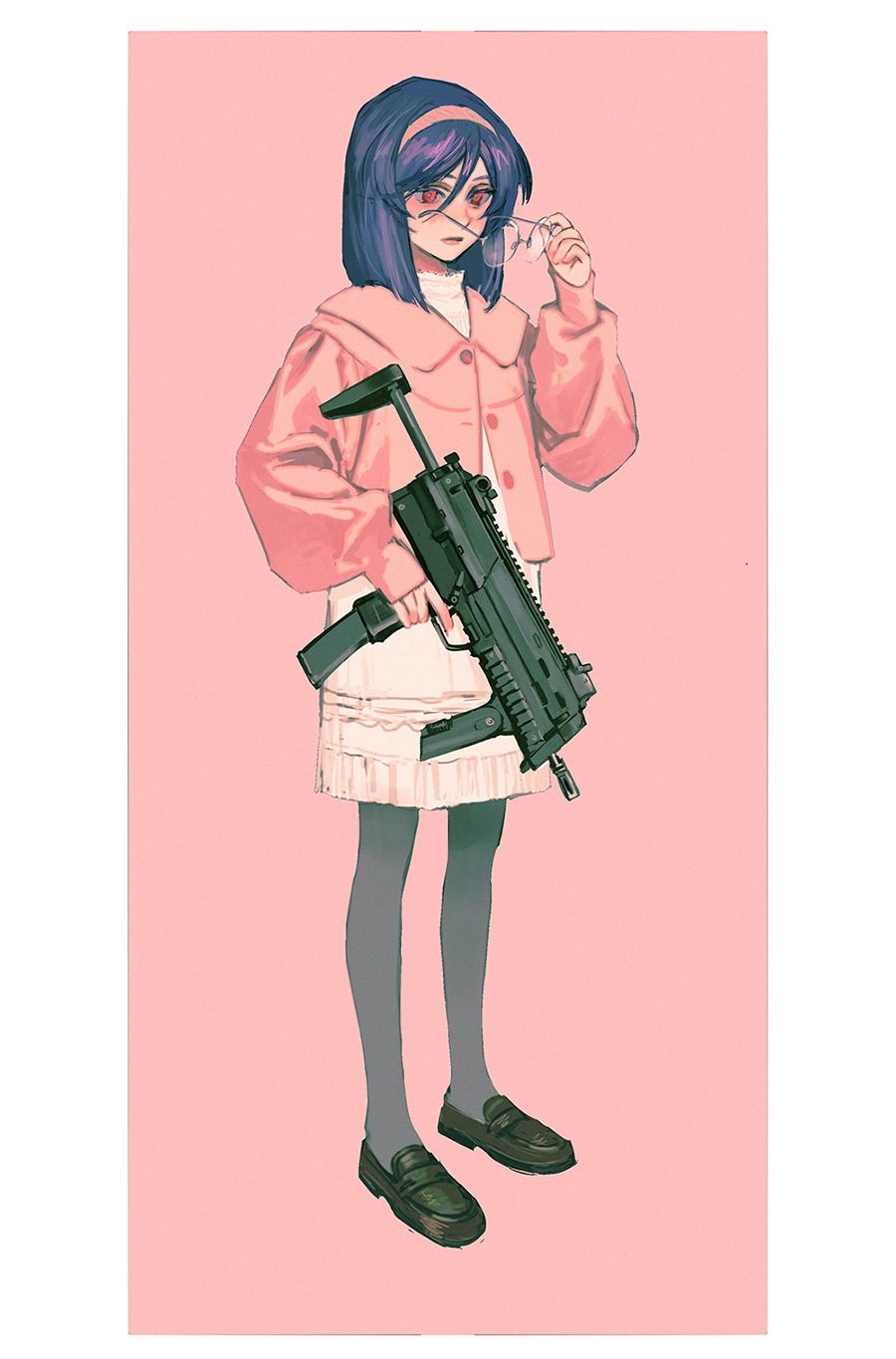huangdanlan, tieria erde, gundam, gundam 00, commentary, highres, 1boy, black pantyhose, bob cut, crossdressing, dress, full body, glasses, gun, h&k mp7, hairband, holding, holding gun, holding weapon, long sleeves, male focus, pantyhose, pillarboxed, pink background, pink hairband, pink sweater, purple hair, removing eyewear, solo, standing, submachine gun, sweater, trap, weapon, white dress