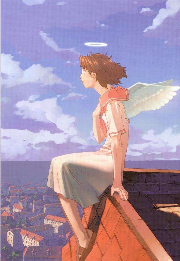 rakka (haibane renmei), haibane renmei, tagme, 00s, halo, rooftop, solo, traditional halo, wings