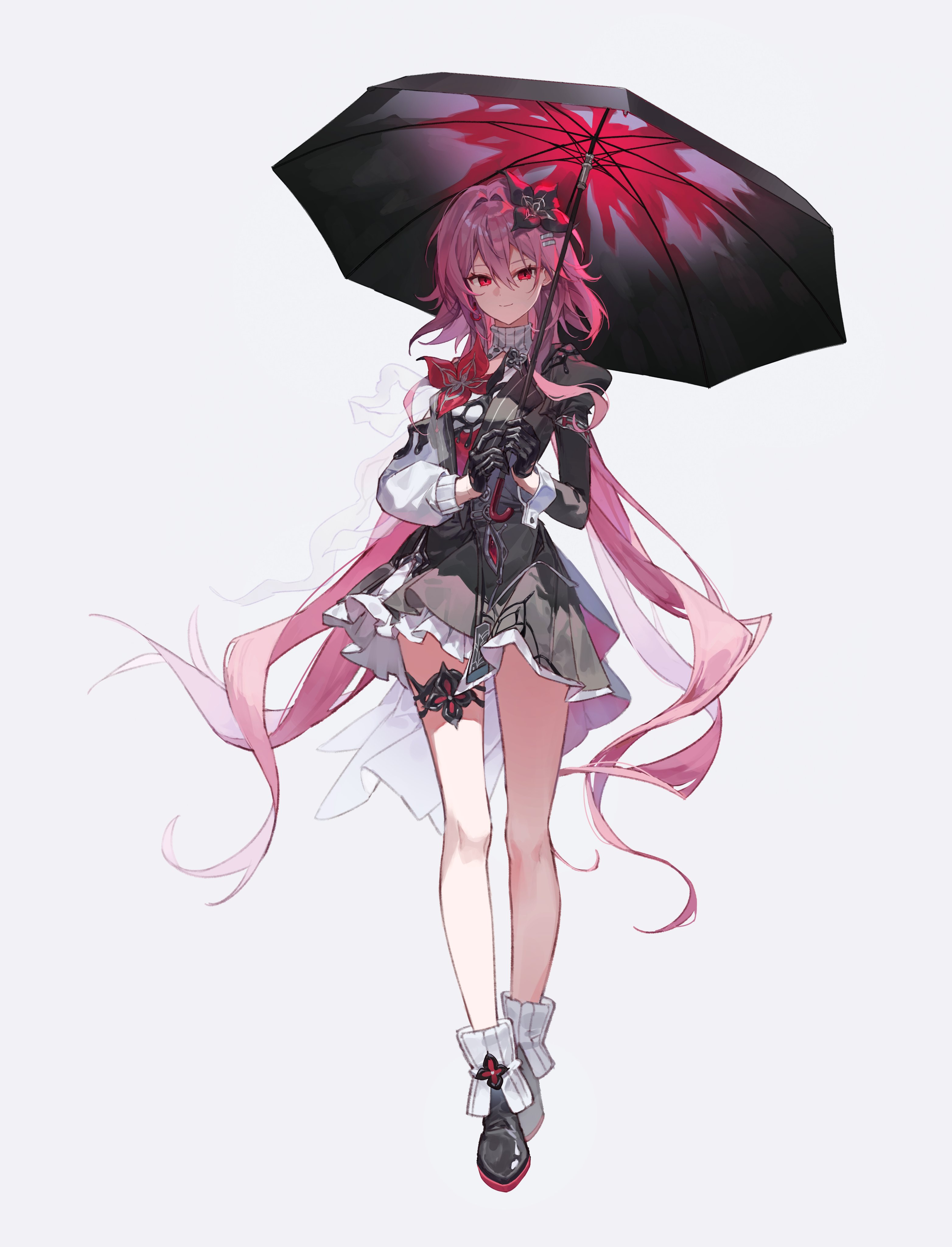 sha (nz2), evernight (honkai: star rail), march 7th (honkai: star rail), honkai: star rail, honkai (series), absurdres, commentary, highres, symbol-only commentary, 1girl, black dress, black gloves, black umbrella, breasts, dress, flower, flower ornament, full body, gloves, hair flower, hair ornament, long hair, looking at viewer, medium breasts, pink hair, red eyes, shirt, smile, solo, umbrella, very long hair, white shirt