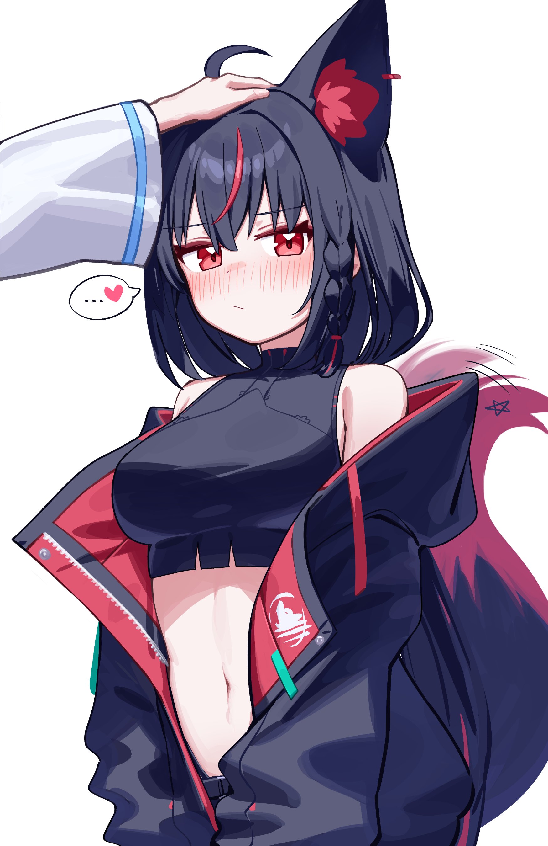 deaver, kurokami fubuki, shirakami fubuki, hololive, absurdres, highres, 2girls, ahoge, animal ears, black hair, black hoodie, black tail, blush, breasts, closed mouth, fox ears, fox girl, fox tail, hood, hoodie, long sleeves, looking at viewer, medium hair, multicolored hair, multiple girls, navel, red eyes, red hair, red hoodie, red tail, simple background, solo focus, stomach, streaked hair, tail, two-tone hair, virtual youtuber, white background