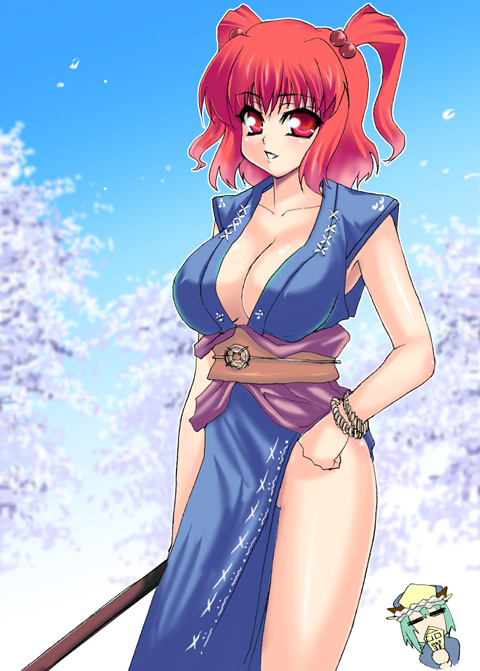 takadoya, onozuka komachi, shiki eiki, touhou, 2girls, = =, bracelet, breasts, cherry blossoms, cleavage, covering face, covering own mouth, covering privates, day, female focus, green hair, hair bobbles, hair ornament, hand on own hip, hat, hip focus, huge breasts, jewelry, large breasts, loincloth, multiple girls, no panties, obi, petals, pole, red eyes, red hair, rod of remorse, sash, short hair, short twintails, sky, twintails, two side up