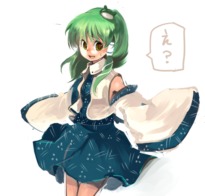 cis (carcharias), kochiya sanae, touhou, 1girl, female focus, frog, green hair, japanese clothes, long hair, miko, simple background, snake, solo, standing, white background