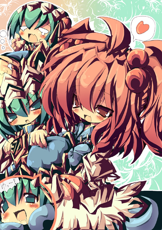 dango mushi, onozuka komachi, shiki eiki, touhou, 4girls, chibi, female focus, green hair, hat, multiple girls, red hair
