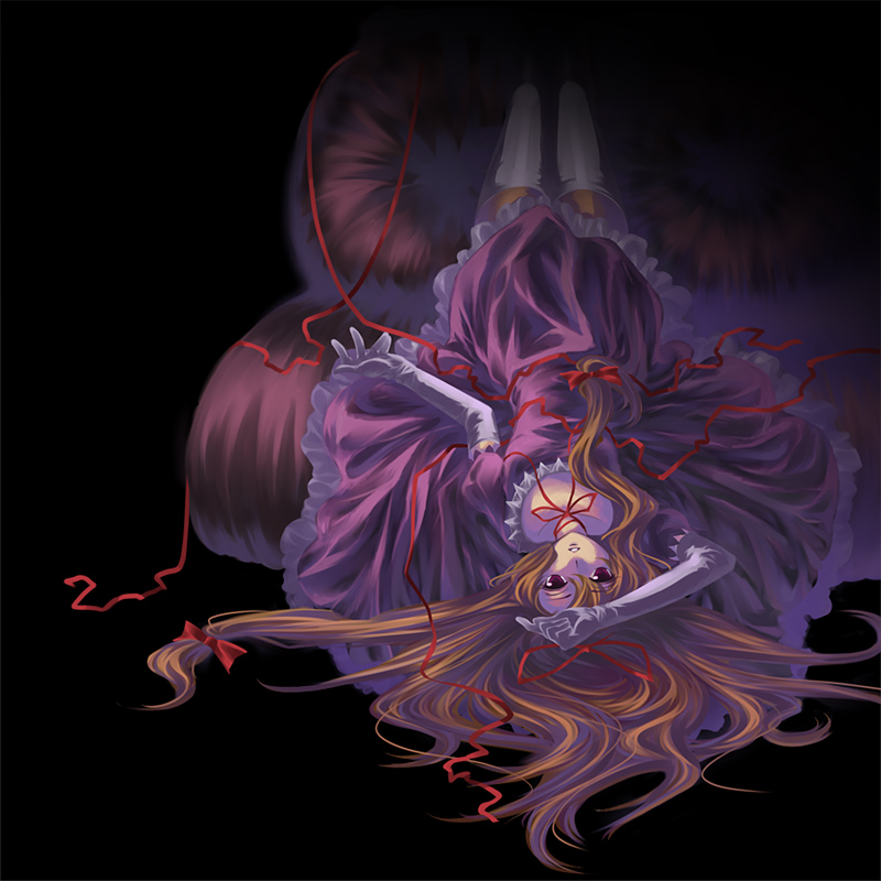 koyuki (artist), koyuki (rico), yakumo yukari, touhou, 1girl, black background, blonde hair, elbow gloves, female focus, gloves, hair ribbon, hat, long hair, lying, on back, purple eyes, ribbon, simple background, solo, thighhighs, upside-down