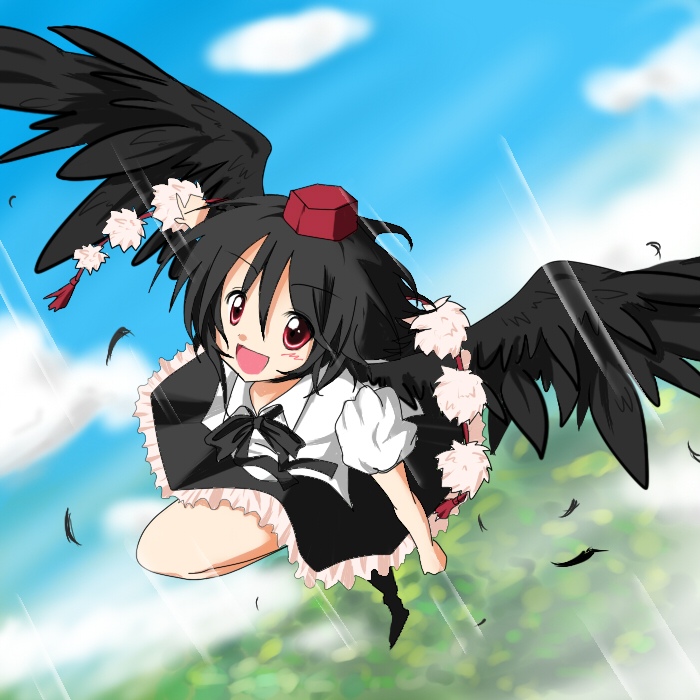 haiiro (immature), shameimaru aya, touhou, 1girl, black hair, black wings, female focus, flying, hat, looking at viewer, open mouth, red eyes, short hair, smile, solo, wings