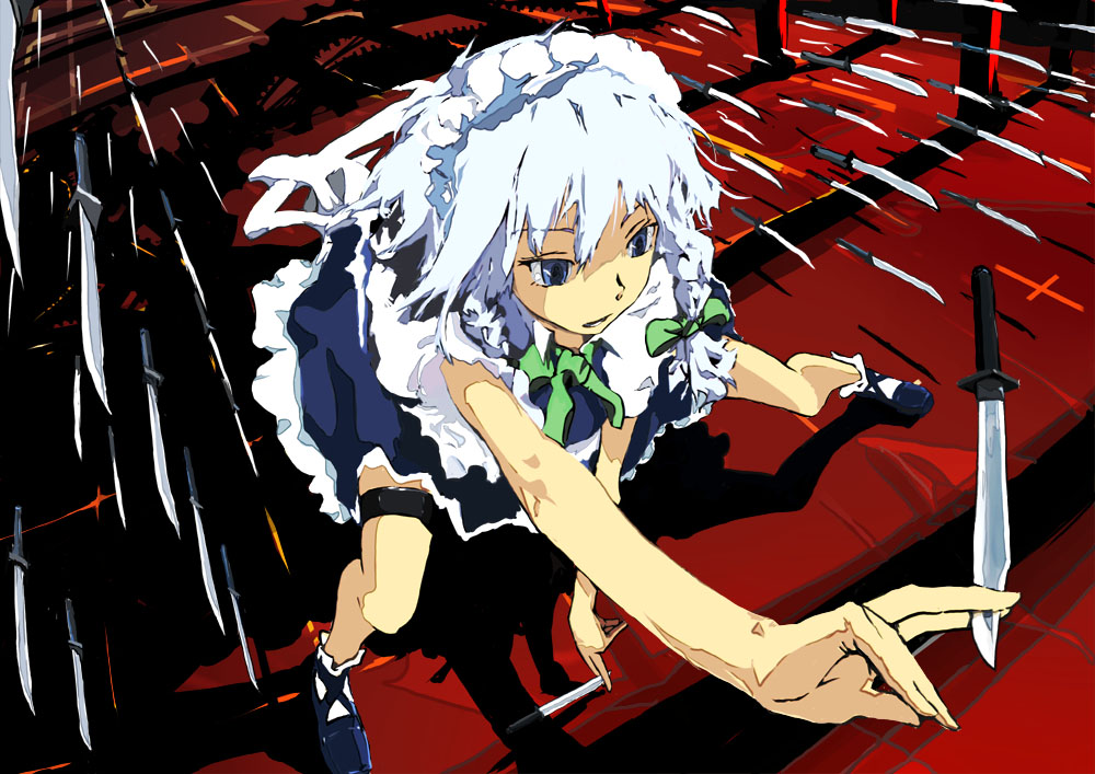 keisan, izayoi sakuya, touhou, 1girl, between fingers, blue eyes, braid, female focus, foreshortening, holding, knife, maid, ribbon, short hair, solo, throwing knife, twin braids, twintails, weapon, white hair