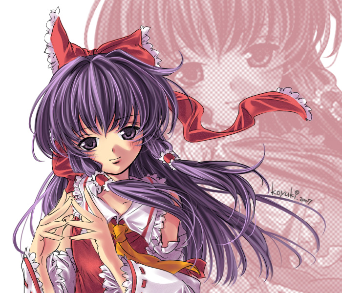 koyuki (artist), koyuki (rico), hakurei reimu, touhou, 1girl, black eyes, black hair, blush, bow, detached sleeves, female focus, hair bow, hair tubes, japanese clothes, long hair, looking at viewer, miko, ribbon, smile, solo, steepled fingers, upper body, zoom layer