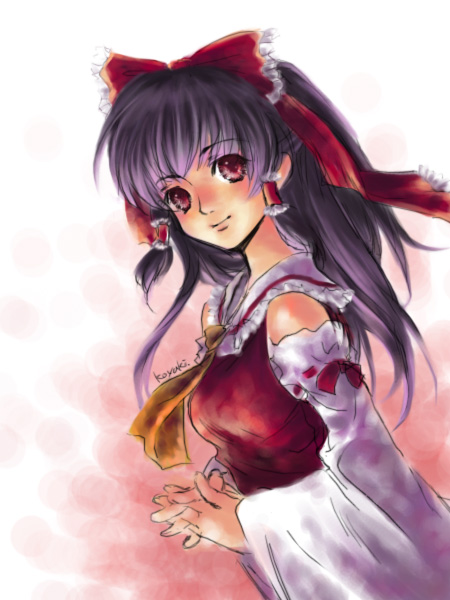 koyuki (artist), koyuki (rico), hakurei reimu, touhou, 1girl, black hair, female focus, gradient background, japanese clothes, miko, red eyes, ribbon, solo, white background