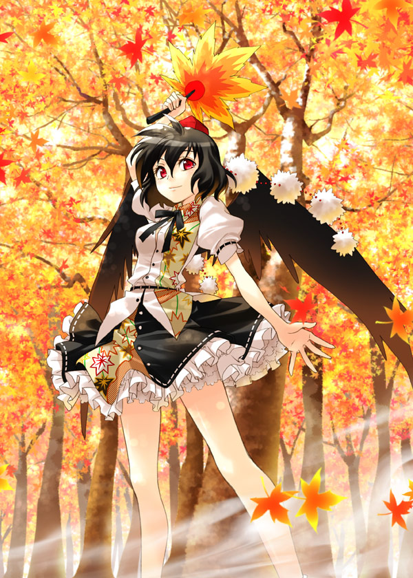 sato-pon, shameimaru aya, touhou, 1girl, autumn, black hair, black wings, female focus, hand fan, hat, leaf, legs, red eyes, short hair, smile, solo, tokin hat, tree, wings