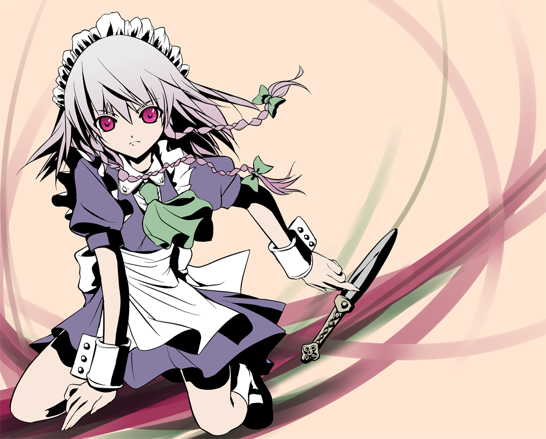 mita soumu, poo (saku), izayoi sakuya, touhou, silver hair, bad id, bad pixiv id, 1girl, braid, female focus, full body, hair ribbon, knife, maid, purple eyes, ribbon, short hair, solo, throwing knife, weapon, wrist cuffs