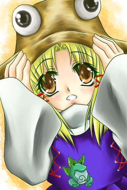 rin'ya (star bell shop), moriya suwako, touhou, 1girl, blonde hair, brown eyes, female focus, frog, hat, ribbon, short hair, solo