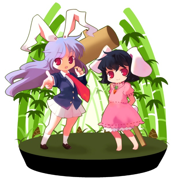 chaba (hortensia), inaba tewi, reisen udongein inaba, touhou, bad id, bad pixiv id, 2girls, :3, animal ears, bamboo, bamboo forest, barefoot, black hair, chibi, female focus, forest, hammer, long hair, multiple girls, nature, necktie, purple hair, rabbit ears, red eyes, red necktie, short hair
