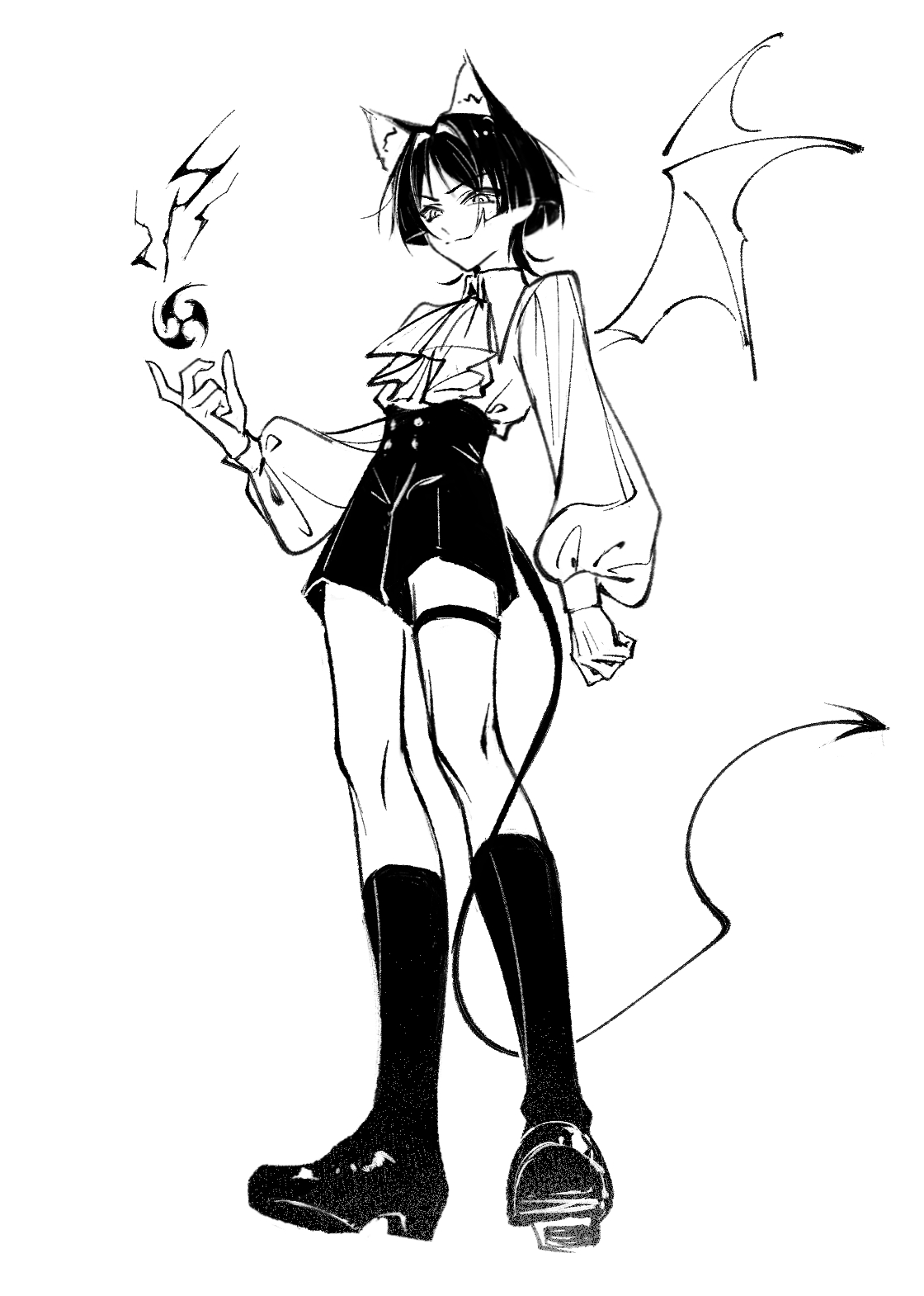 qiao2121, scaramouche (genshin impact), genshin impact, highres, 1boy, alternate costume, animal ear fluff, animal ears, arm at side, ascot, blunt ends, cat boy, cat ears, clenched hand, closed mouth, collared shirt, curled fingers, demon boy, demon tail, demon wings, full body, greyscale, hair intakes, hand up, high-waist shorts, kneehighs, long sleeves, looking at viewer, male focus, monochrome, puffy sleeves, shirt, shoes, shorts, single wing, smile, socks, solo, standing, tail, tail around own leg, thigh strap, tsurime, white background, wings, wispy bangs
