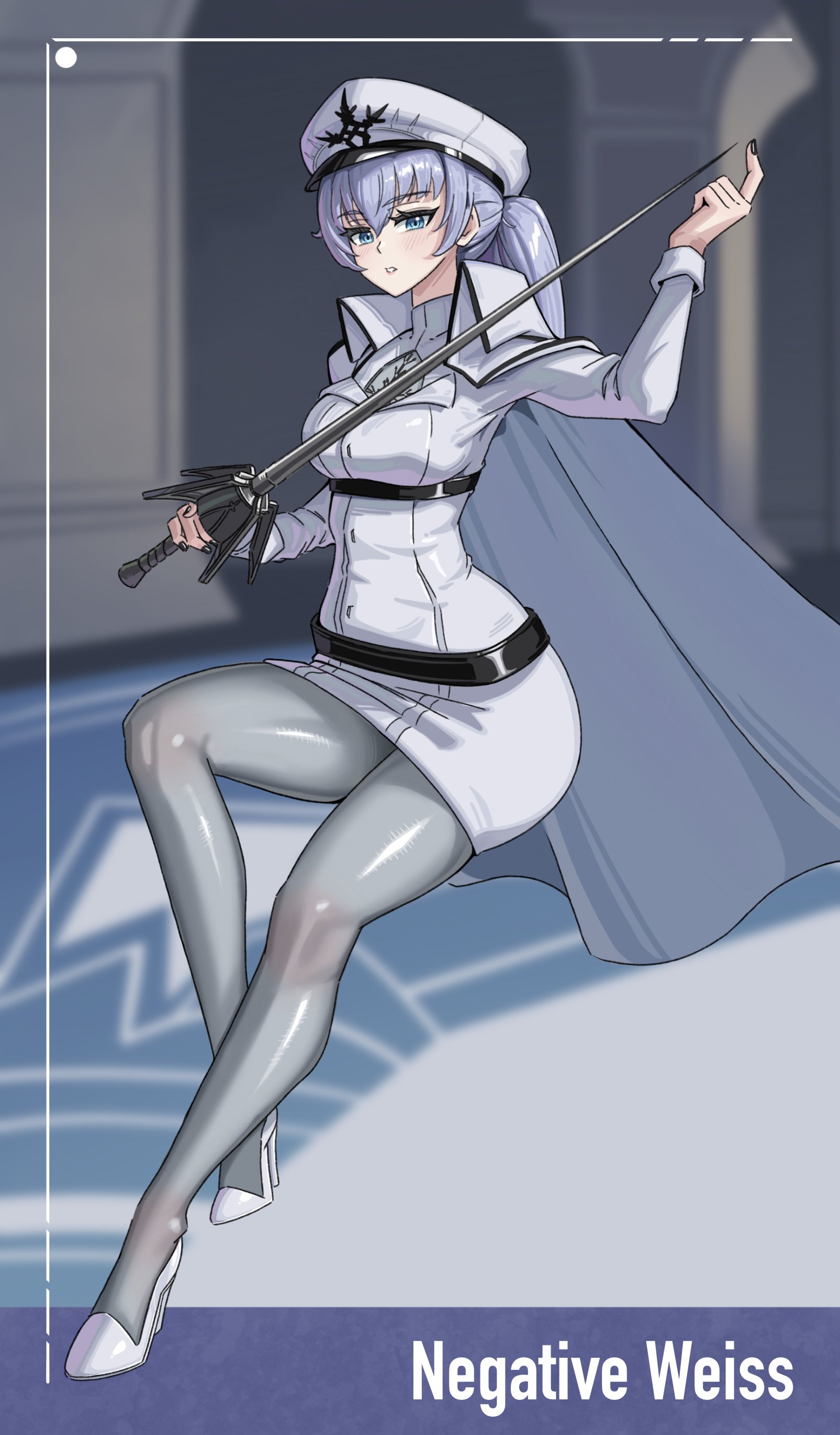 emmettart, weiss schnee, rwby, rwby ice queendom, absurdres, commentary, commission, english commentary, highres, 1girl, belt, black belt, black nails, blue eyes, blurry, blurry background, blush, breasts, cape, dress, grey hair, grey pantyhose, hat, high heels, holding, holding sword, holding weapon, invisible chair, looking at viewer, medium breasts, military hat, military uniform, myrtenaster, official alternate costume, pantyhose, parted lips, peaked cap, ponytail, sitting, solo, sword, weapon, white cape, white dress, white hat