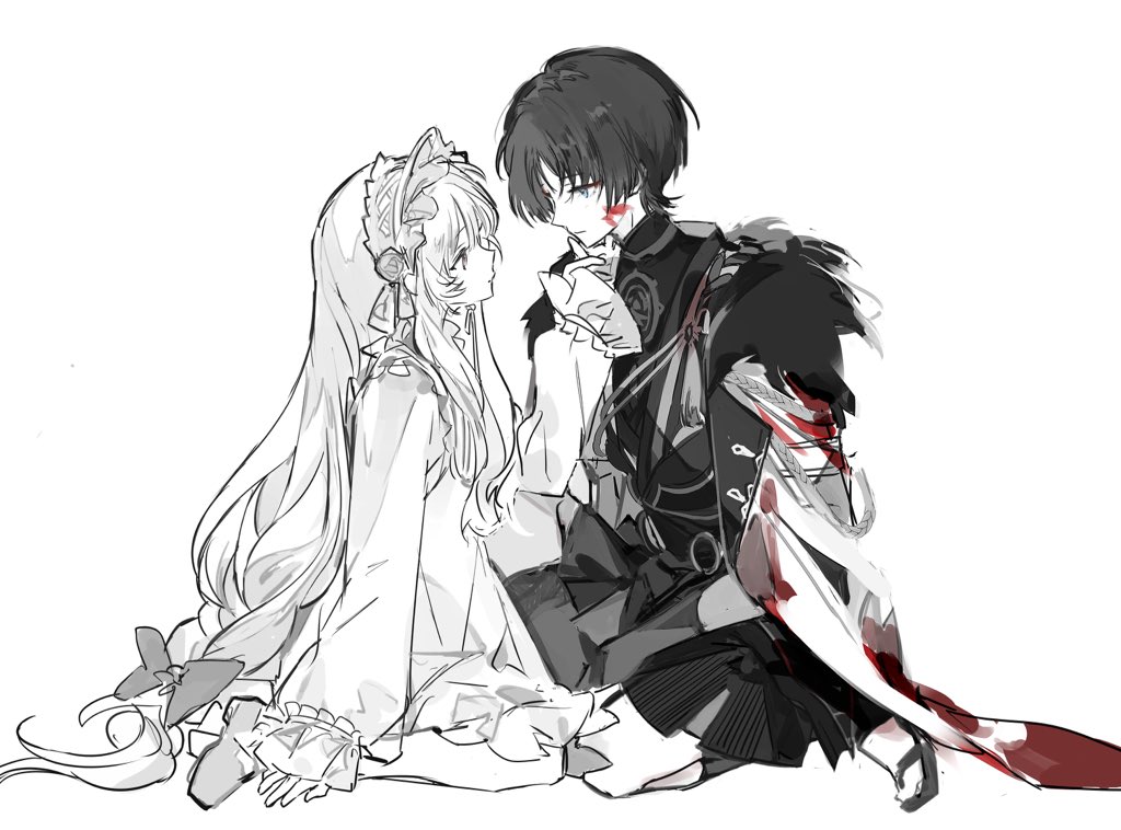 scaramouche (genshin impact), genshin impact, original, artist request, commission, second-party source, 1boy, 1girl, aiguillette, arm at side, blood, blood on clothes, blunt ends, bodysuit, bow, choppy bangs, closed mouth, coat, commissioner insert, couple, dress, fatui coat, flower, fur-trimmed coat, fur trim, greyscale, hair bow, hair flower, hair ornament, hairband, hand up, hayami momo (hayamimomo), hetero, holding hands, japanese clothes, jewelry, kimono, kneeling, lolita hairband, long hair, looking at another, low-braided long hair, low-tied long hair, mandarin collar, monochrome, neck ring, o-ring, open clothes, open coat, rope, sandals, shimenawa, shorts, sidelocks, sleeves past wrists, spot color, tabi, tassel, tsurime, white background, zouri
