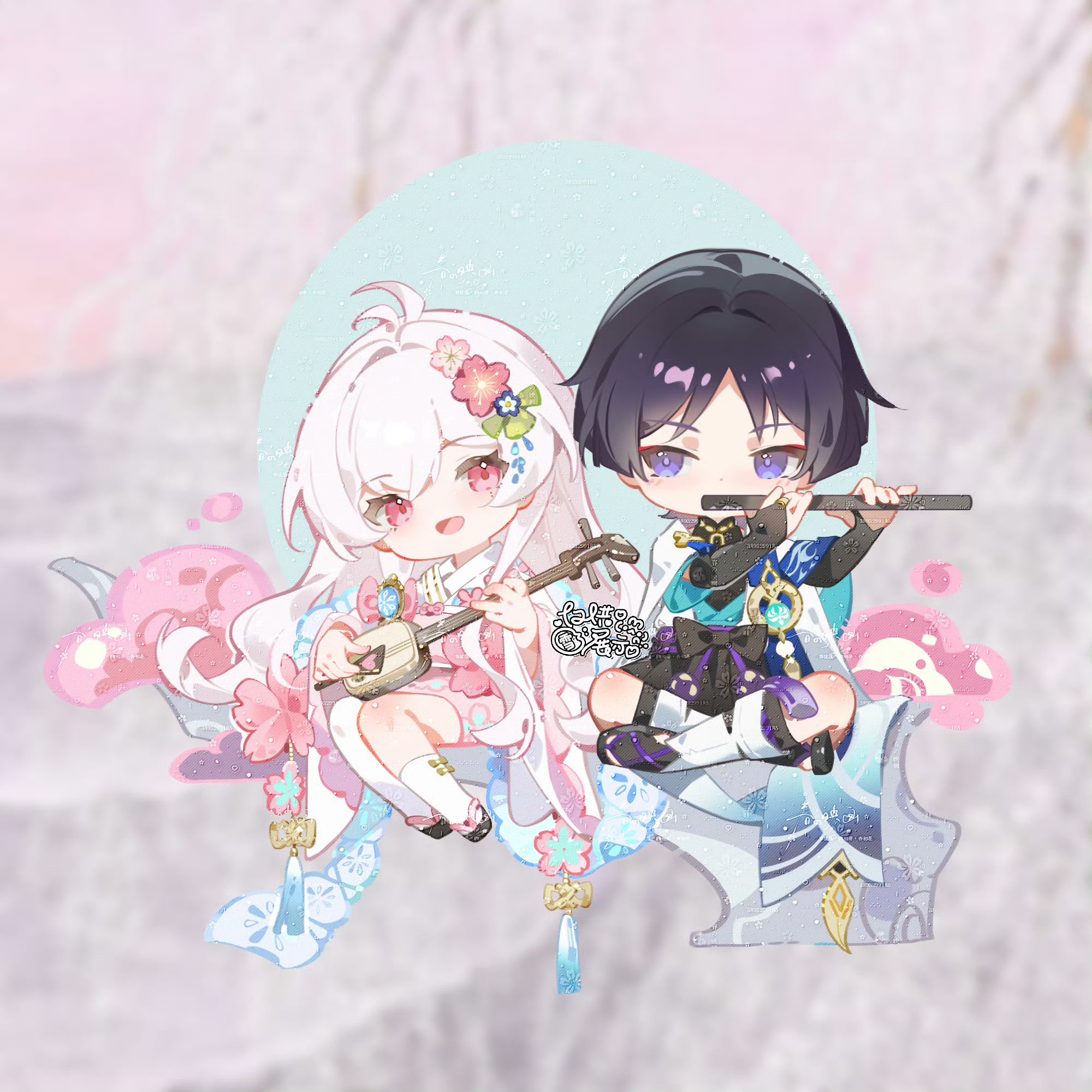 scaramouche (genshin impact), wanderer (genshin impact), genshin impact, original, artist request, commission, highres, second-party source, 1boy, 1girl, anemo symbol (genshin impact), antenna hair, asymmetrical legwear, black bodysuit, black bow, black bridal gauntlets, black hair, black sandals, black shorts, blue cape, blue gemstone, blue kimono, blue sleeves, blunt ends, blurry, blurry background, bodysuit, bow, bow legwear, bridal gauntlets, bridal legwear, cape, cherry blossoms, chibi, commissioner insert, couple, eyelashes, eyeliner, eyeshadow, feathers, floral print, floral print kimono, flower, flute, full body, furisode, gem, gold, gold ring, green ribbon, hair flower, hair intakes, hair ornament, hair ribbon, hands up, hayami momo (hayamimomo), hetero, holding, holding flute, holding instrument, indian style, instrument, japanese clothes, juban, kimono, kimono skirt, kneehighs, koto (instrument), layered kimono, layered sleeves, leg warmers, long hair, long sidelocks, long sleeves, looking at another, makeup, mandarin collar, middle ring, music, obi, obijime, open clothes, open kimono, open mouth, pink bow, pink eyes, pink flower, pink hair, pink sash, pink skirt, playing instrument, pom pom (clothes), print kimono, purple eyes, purple sash, red eyeliner, red eyeshadow, ribbon, sandals, sash, shakuhachi, short sleeves, shorts, sidelocks, sideways glance, single kneehigh, single sock, sitting, skirt, socks, stirrup legwear, tabi, toeless legwear, very long hair, white flower, white kimono, white leg warmers, white sleeves, white trim, wide sleeves, wispy bangs, yellow bow, yellow feathers, zouri