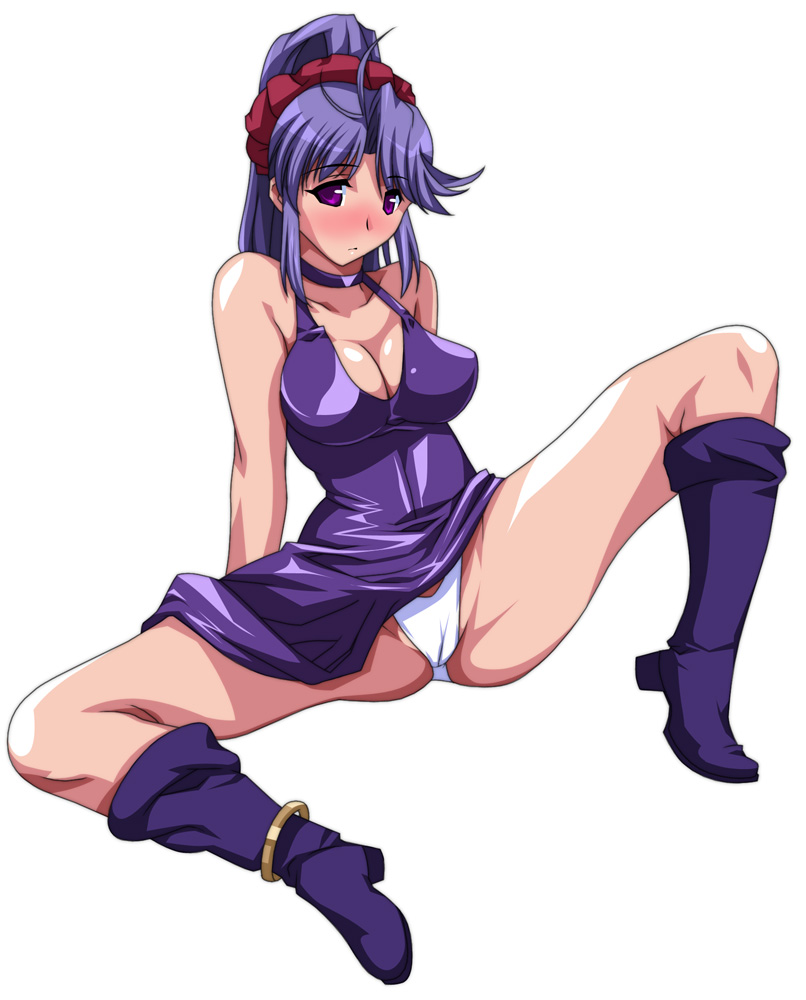 ariyon, tailtiu (fire emblem), fire emblem, fire emblem: genealogy of the holy war, nintendo, 1girl, anklet, blush, boots, breasts, cameltoe, cleavage, curvy, jewelry, large breasts, panties, pantyshot, perky breasts, purple boots, purple eyes, purple hair, sleeveless, spread legs, underwear, white panties