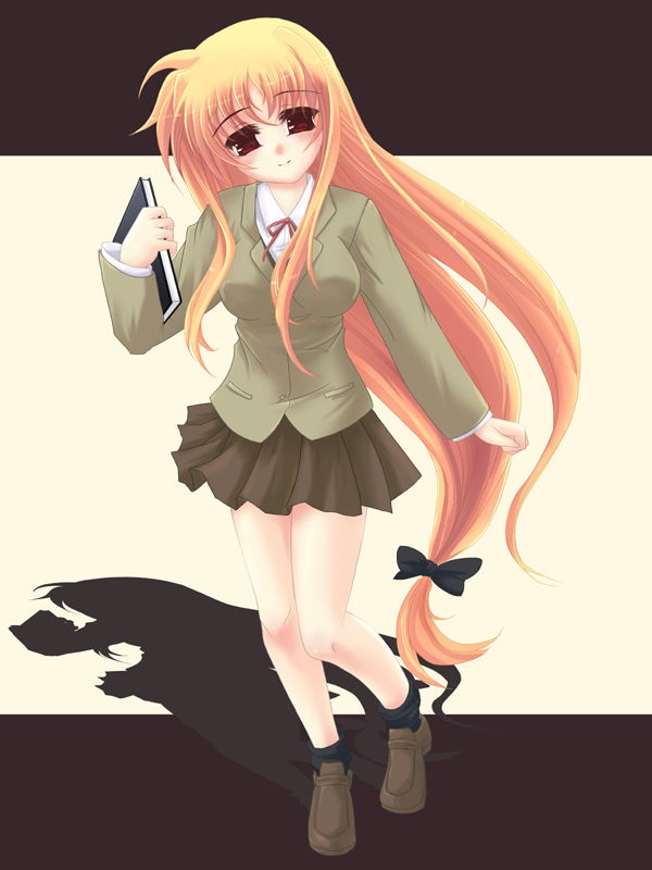 frapowa, fate testarossa, lyrical nanoha, mahou shoujo lyrical nanoha, mahou shoujo lyrical nanoha a's, 00s, 1girl, blonde hair, book, female focus, long hair, low-tied long hair, miniskirt, red eyes, school uniform, serafuku, skirt, solo, very long hair