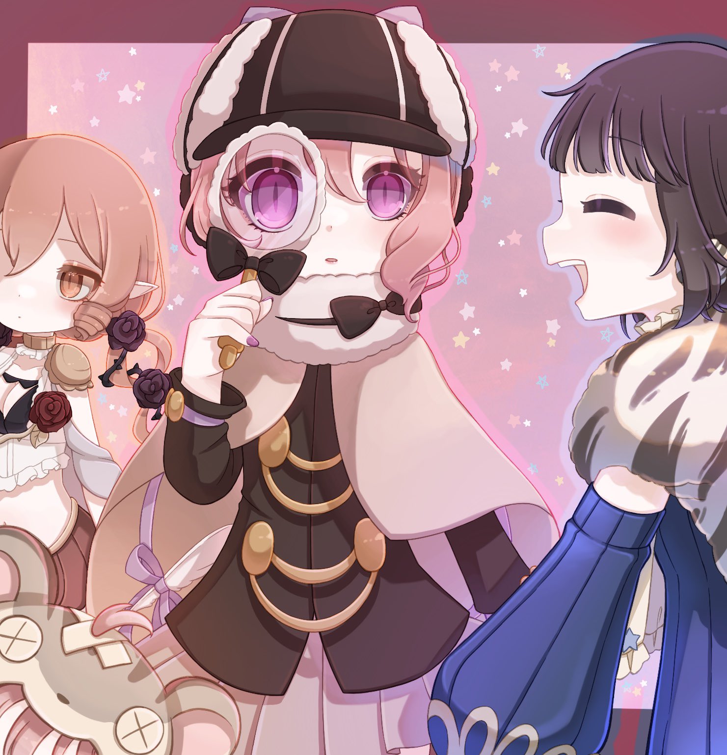 qoo 1025, detec bell, lapis lazuline, mahou shoujo ikusei keikaku, mahou shoujo ikusei keikaku restart, highres, 4girls, animal ears, black flower, black hair, black rose, blonde hair, cherna mouse, closed eyes, coat, curly hair, detached sleeves, detective, flower, fur coat, grey hair, hat, long hair, magical girl, magnifying glass, melville (mahoiku), mouse ears, mouse girl, multiple girls, pink hair, pointy ears, purple eyes, red flower, red rose, rose, short hair, smile, yellow eyes
