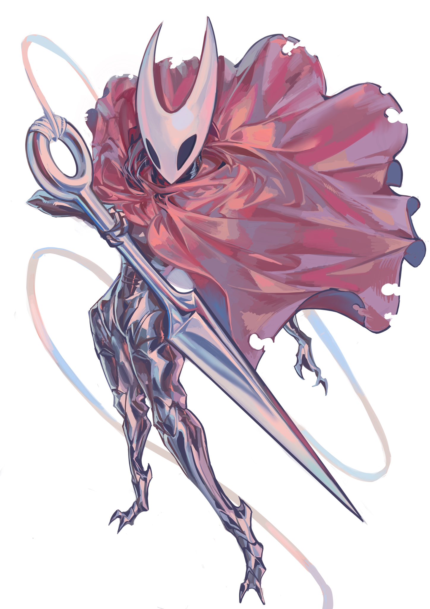 nameno92372763, hornet (hollow knight), hollow knight, highres, 1girl, armor, arthropod girl, cloak, empty eyes, full body, needle (hollow knight), red cloak, simple background, solo, standing, string, torn cloak, torn clothes, white background