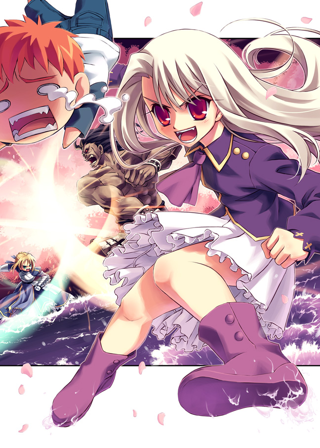 hiroyama hiroshi, artoria pendragon (fate), emiya shirou, heracles (fate), illyasviel von einzbern, saber (fate), fate/stay night, fate (series), purple footwear, 00s, 2boys, 2girls, albino, boots, chibi, multiple boys, multiple girls, red eyes, tears, white hair