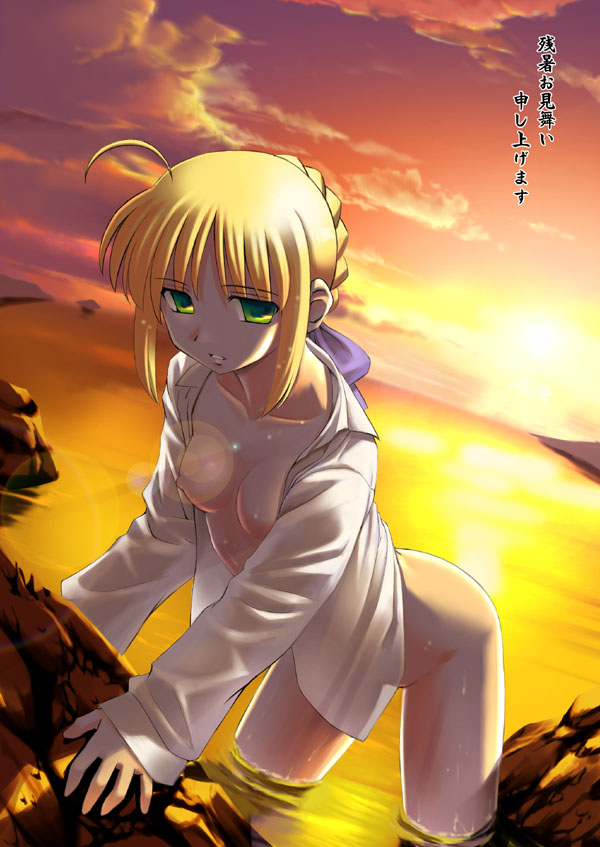 namonashi, artoria pendragon (fate), saber (fate), fate/stay night, fate (series), 00s, 1girl, ahoge, blonde hair, bottomless, breasts, female focus, green eyes, lens flare, naked shirt, nipples, ocean, open clothes, open shirt, rock, shirt, solo, sunset, twilight, wading, water, wet, zanshomimai