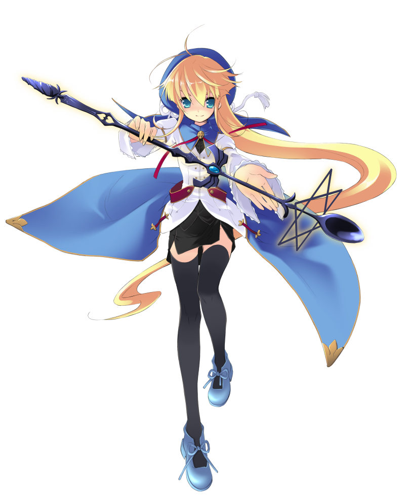 ito noizi, prima aspallas, nanatsuiro drops, 00s, 1girl, black thighhighs, blonde hair, blue eyes, female focus, long hair, long legs, solo, staff, thighhighs, zettai ryouiki
