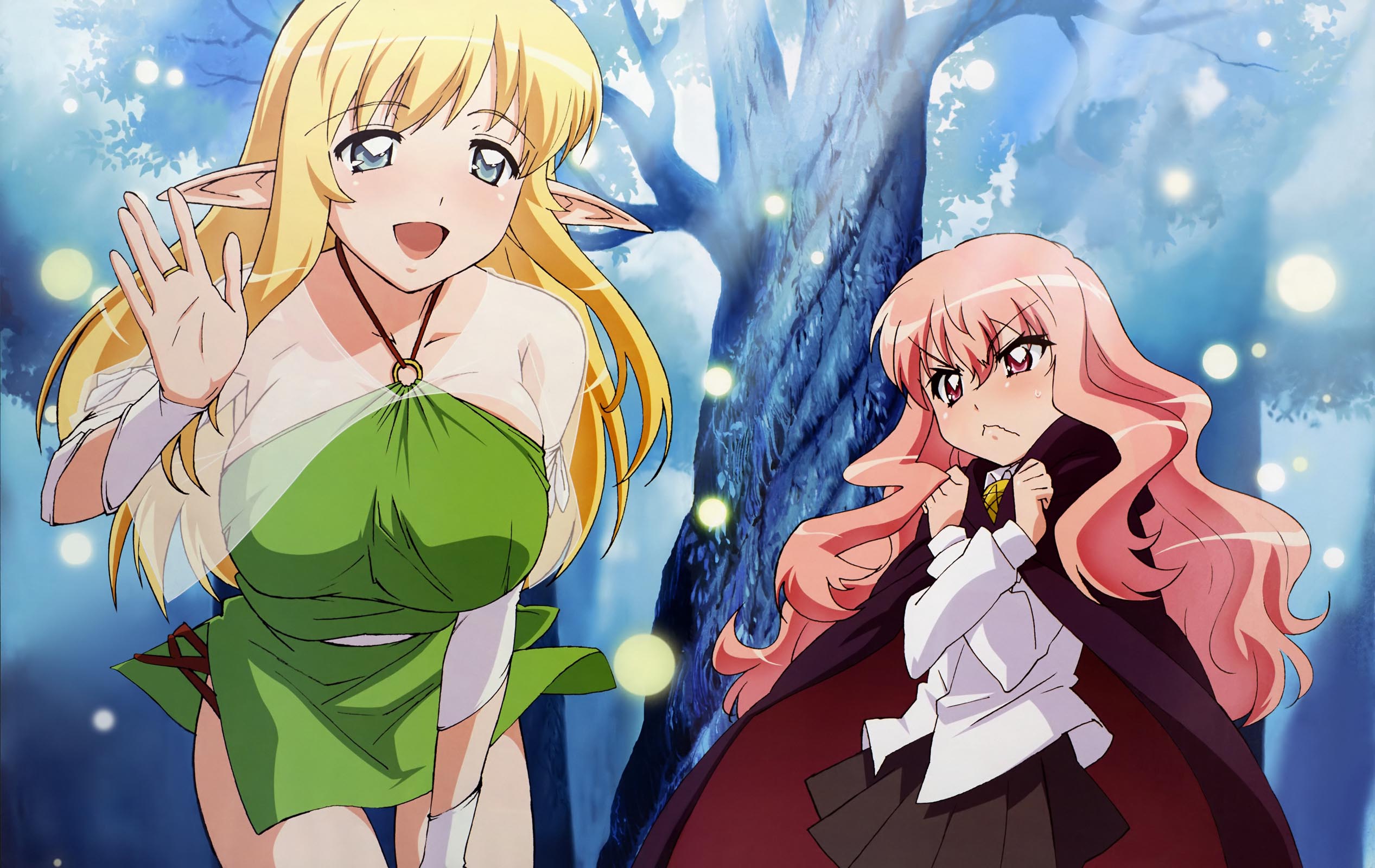fujii masahiro, louise francoise le blanc de la valliere, tiffania westwood, zero no tsukaima, highres, 00s, 2girls, blonde hair, blue eyes, breast envy, breasts, cape, elf, halterneck, huge breasts, multiple girls, pentacle, pink hair, pointy ears, red eyes, tree