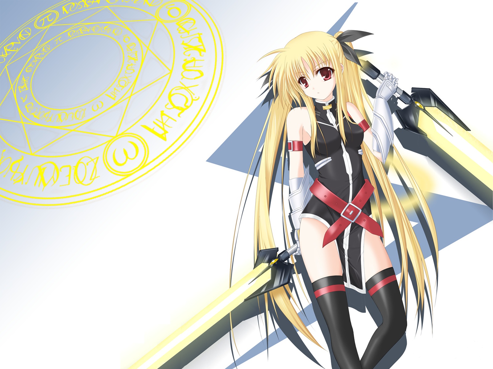 bardiche (nanoha), bardiche (riot zanber stinger) (nanoha), fate testarossa, fate testarossa (true sonic form), lyrical nanoha, mahou shoujo lyrical nanoha, mahou shoujo lyrical nanoha strikers, highres, 00s, 1girl, armband, black thighhighs, blonde hair, dual wielding, energy sword, female focus, gauntlets, holding, long hair, magic circle, octagram, red eyes, solo, sword, thighhighs, twintails, weapon