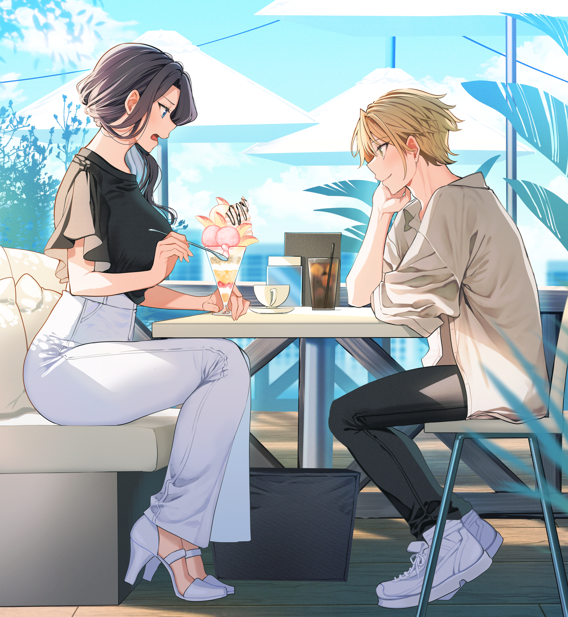 yunamaro, original, commentary request, highres, 1boy, 1girl, age difference, black hair, black pants, black shirt, blonde hair, blue eyes, blush, chair, closed mouth, coffee, cup, day, food, glass, high heels, holding, holding spoon, iced coffee, long sleeves, looking at another, mature female, open mouth, pants, parfait, shirt, shoes, short hair, short sleeves, sitting, smile, spoon, table, umbrella, white pants, white shirt, white shoes, window