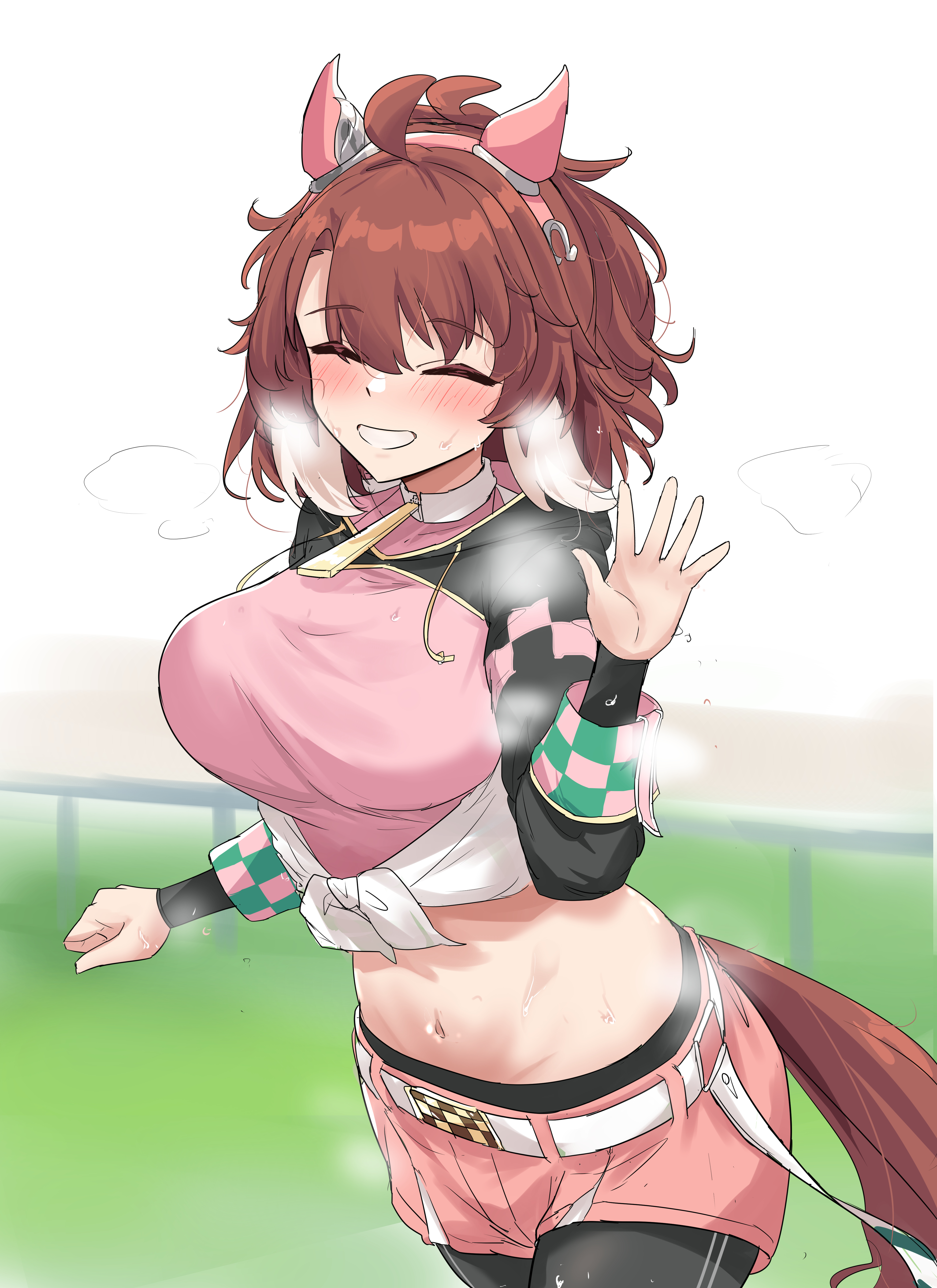 gryebooks, dantsu flame (umamusume), umamusume, absurdres, commentary request, highres, 1girl, ^ ^, animal ears, belt, black pants, blush, brown hair, closed eyes, ear covers, hand up, horse ears, horse girl, midriff, multicolored hair, navel, pants, pink shorts, shorts, smile, solo, sweat, two-tone hair, white belt