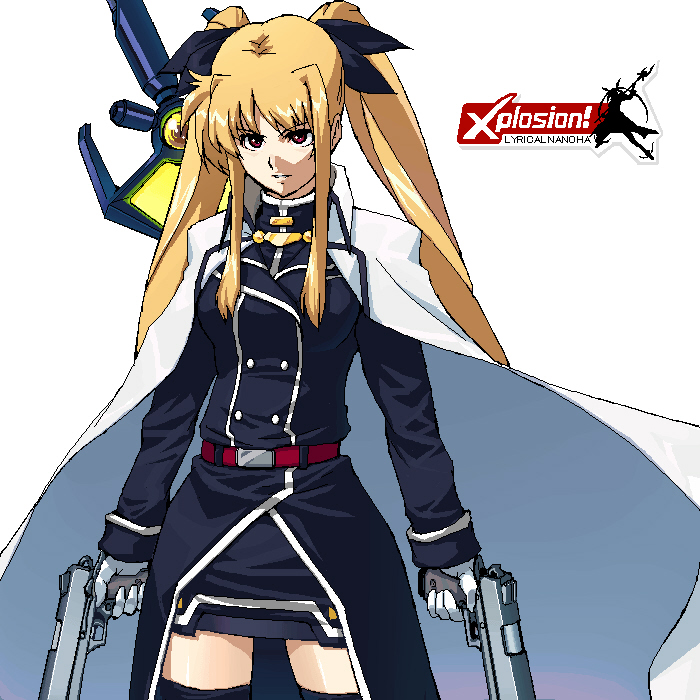 bardiche (nanoha), bardiche (zanber form) (nanoha), fate testarossa, fate testarossa (impulse form), lyrical nanoha, mahou shoujo lyrical nanoha, mahou shoujo lyrical nanoha strikers, uniform, 00s, 1girl, blonde hair, cape, dual wielding, female focus, gun, handgun, hands on own hips, holding, long hair, pistol, red eyes, solo, thighhighs, twintails, weapon