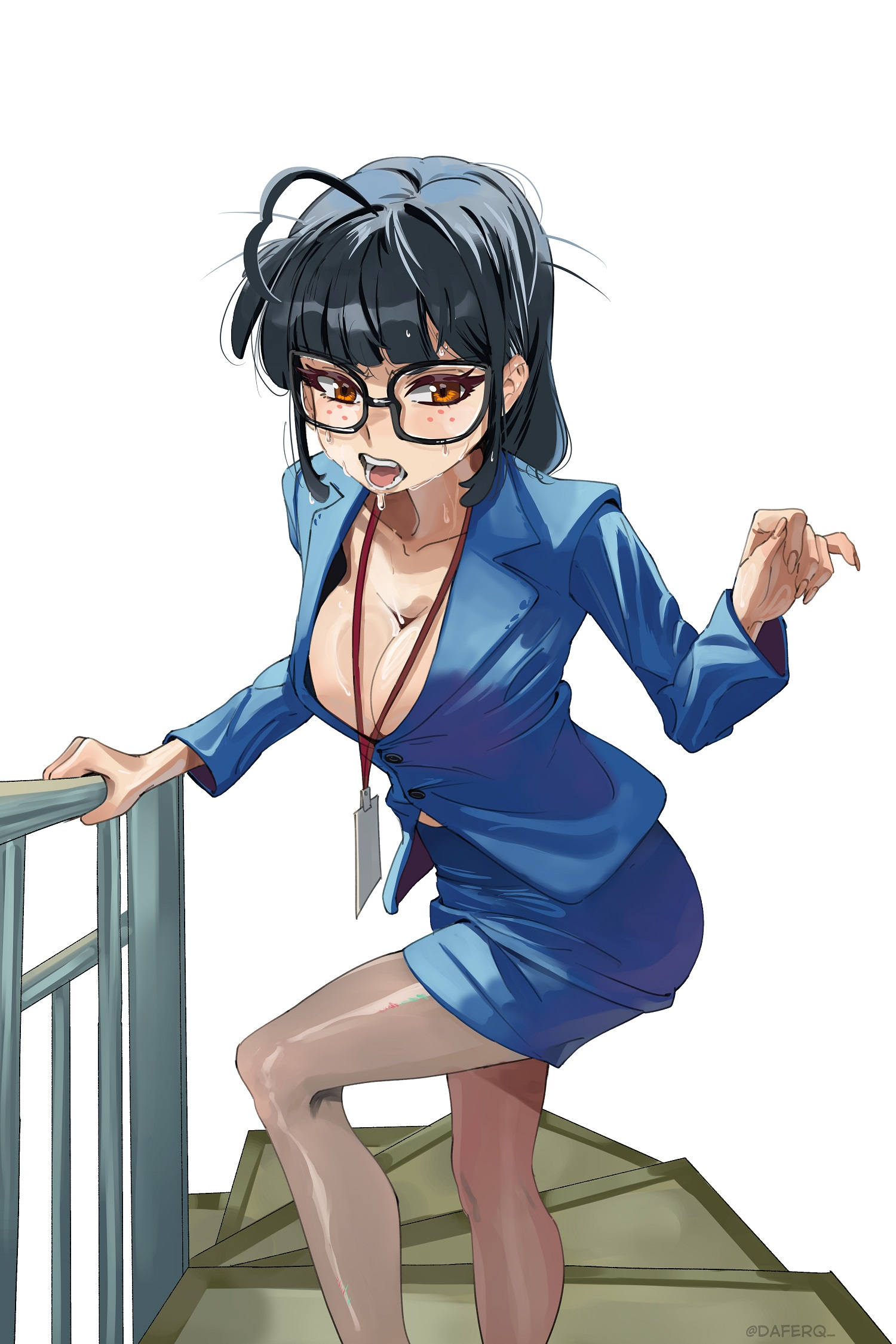 daferq, original, highres, 1girl, ahoge, artist name, black hair, black pantyhose, blue jacket, blue skirt, breasts, brown eyes, cleavage, collarbone, fingernails, freckles, glasses, hand on railing, id card, jacket, office lady, open mouth, pantyhose, pencil skirt, simple background, skirt, solo, sweat, teeth, twitter username, white background