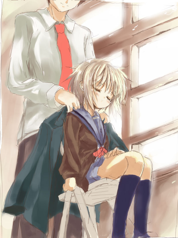 shino (eefy), kyon, nagato yuki, suzumiya haruhi no yuuutsu, silver hair, 00s, borrowed clothes, cardigan, collared shirt, covering with blanket, holding, holding jacket, holding unworn clothes, indoors, jacket, kneehighs, school uniform, serafuku, shirt, sitting, sleeping, socks, standing, unworn jacket