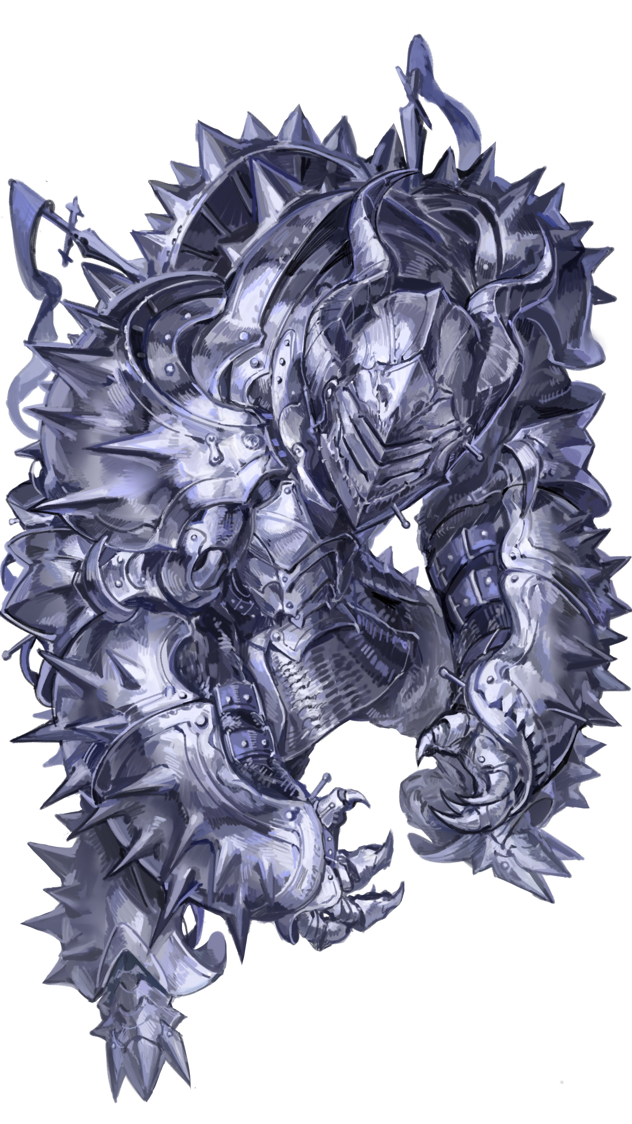 nameno92372763, original, absurdres, highres, 1other, armor, clawed hands, covered face, fake horns, full armor, full body, gauntlets, helmet, horned helmet, horns, monster, shoulder armor, solo, spiked armor, white background