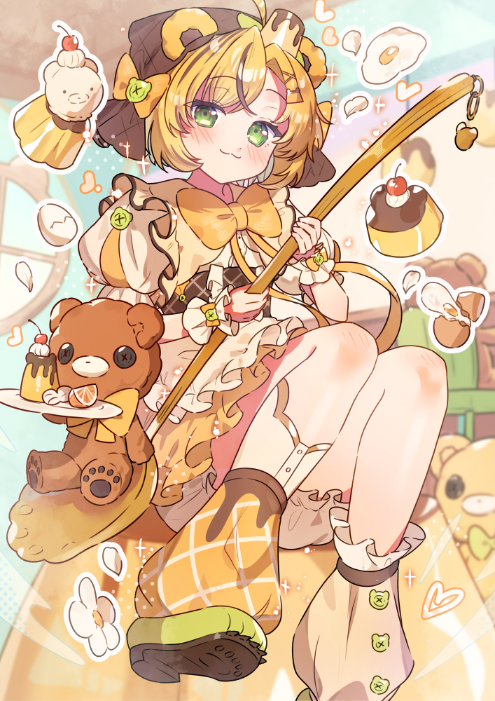 tsukumi bis, original, commentary, symbol-only commentary, 1girl, :3, animal ears, bear, bear ears, bear girl, blonde hair, bloomers, blush, bow, bowtie, brown hair, cherry, closed mouth, dress, food, foot out of frame, fruit, green eyes, green shoes, holding, holding spoon, looking at viewer, loose socks, multicolored hair, orange (fruit), orange slice, oversized object, parted bangs, plate, pudding, shoes, short hair, short sleeves, sitting, smile, socks, solo, spoon, streaked hair, two-tone hair, underwear, white bloomers, yellow bow, yellow bowtie, yellow dress, yellow socks